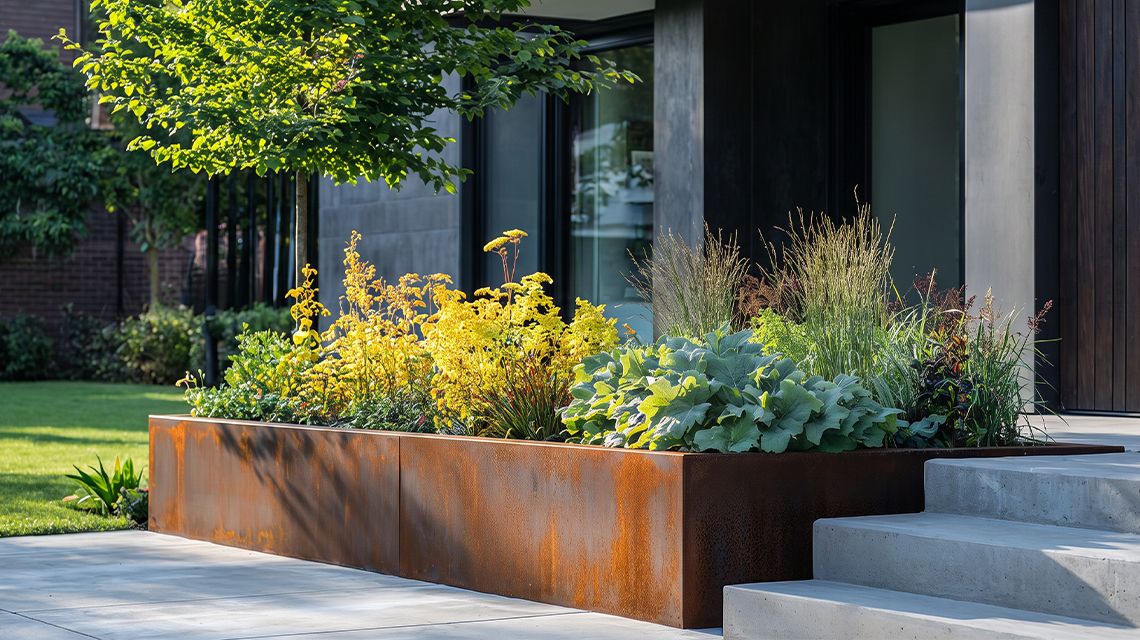 Longue jardinière rectangulaire en acier Corten intégrée à un jardin contemporain près de l’entrée d’une résidence.