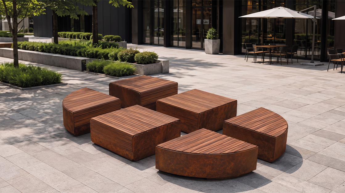 Ensemble d’assises modulaires en acier Corten et bois installé dans un espace public contemporain et paysager.