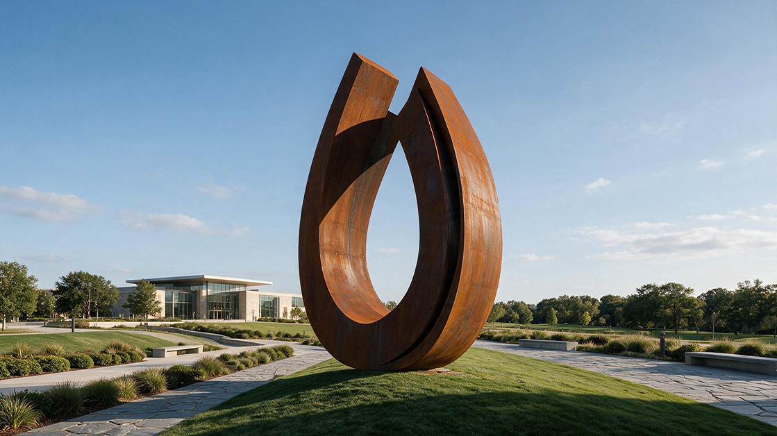 Sculpture monumentale abstraite en acier Corten installée dans un espace paysager contemporain devant un bâtiment moderne.