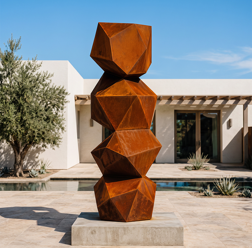 Sculpture monumentale polygonale en acier Corten installée dans une villa contemporaine au bord d’un bassin.