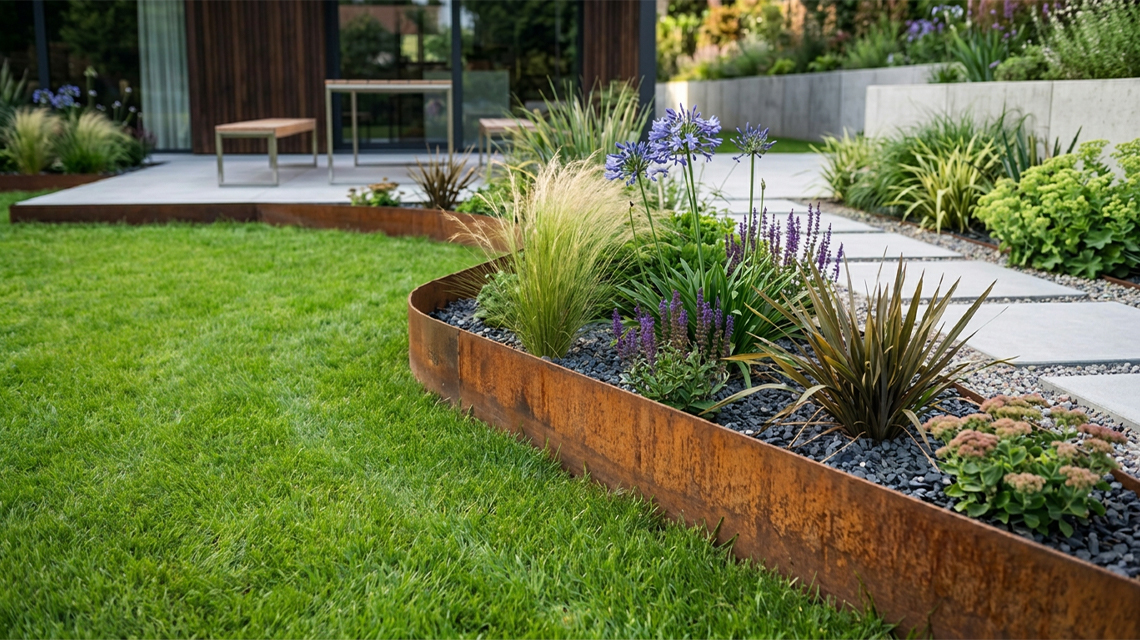 Bordures courbes sur mesure pour structurer les massifs et accompagner les lignes naturelles du jardin.