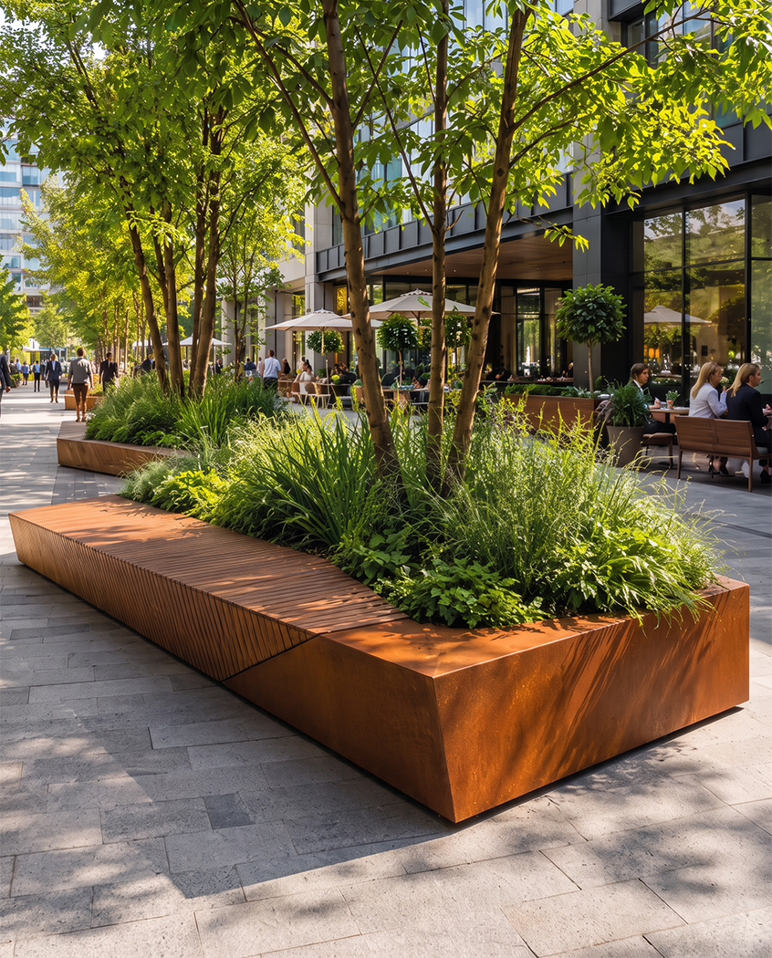 Mobilier extérieur en acier Corten sur mesure installé dans un aménagement paysager moderne, avec bancs et jardinières design fabriqués au Maroc.